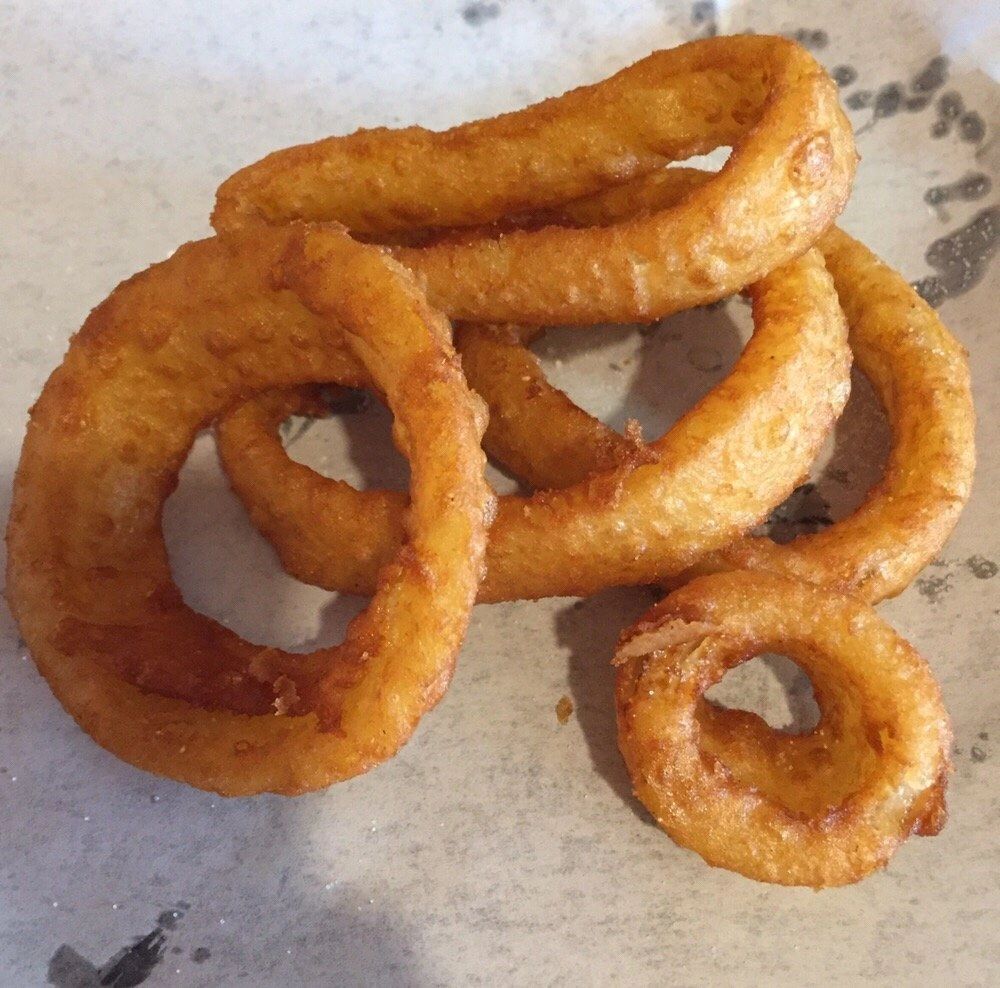 Onion rings — beer-battered and deep fried