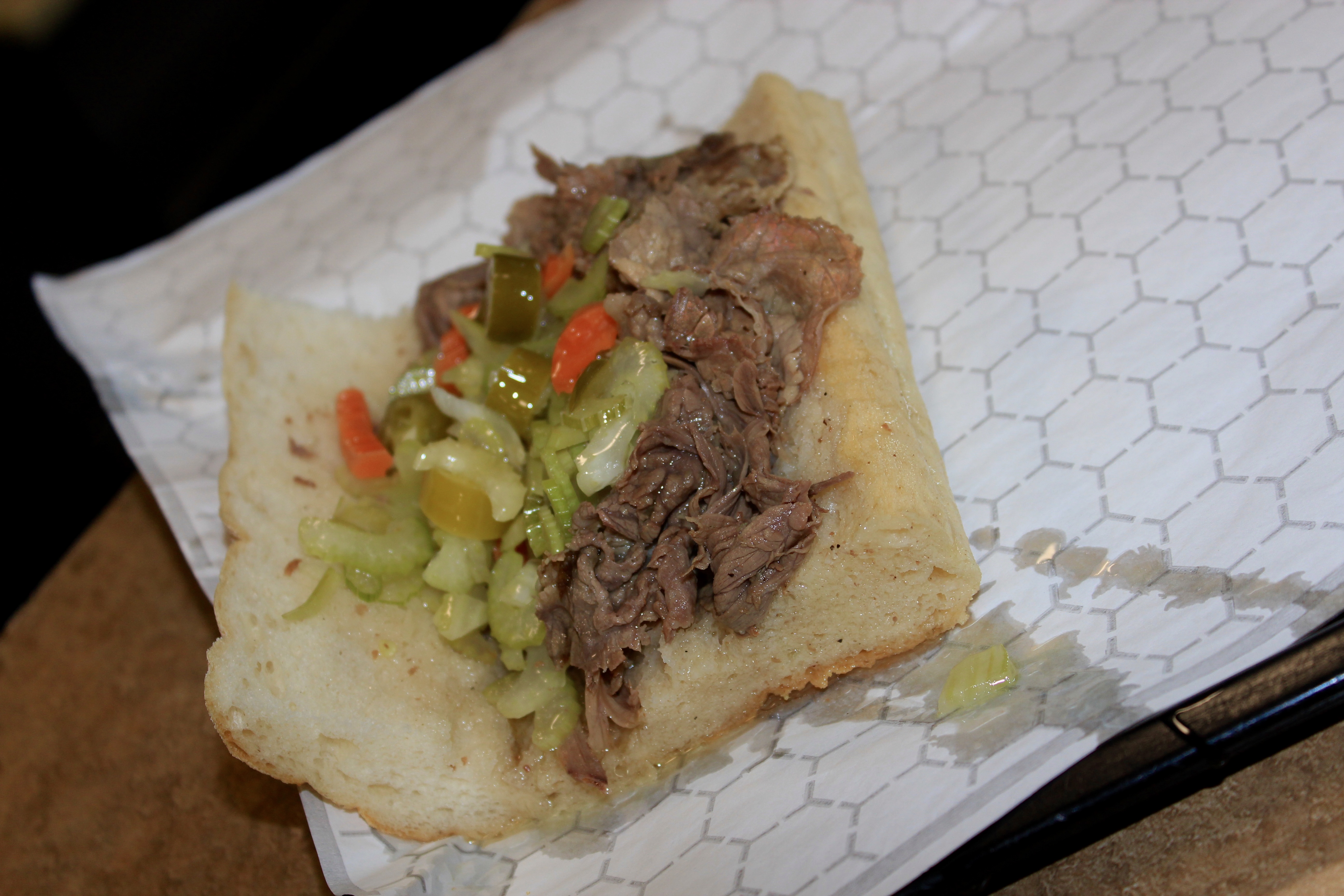 Hand-built Italian beef sandwich on fresh French bread at Little Joe's, Countryside IL